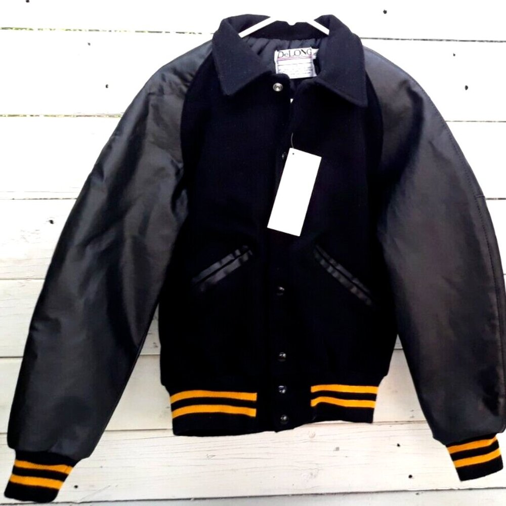 Delong Varsity / Letterman's Award Jacket 80% Wool USA Size X-Small Black Yellow